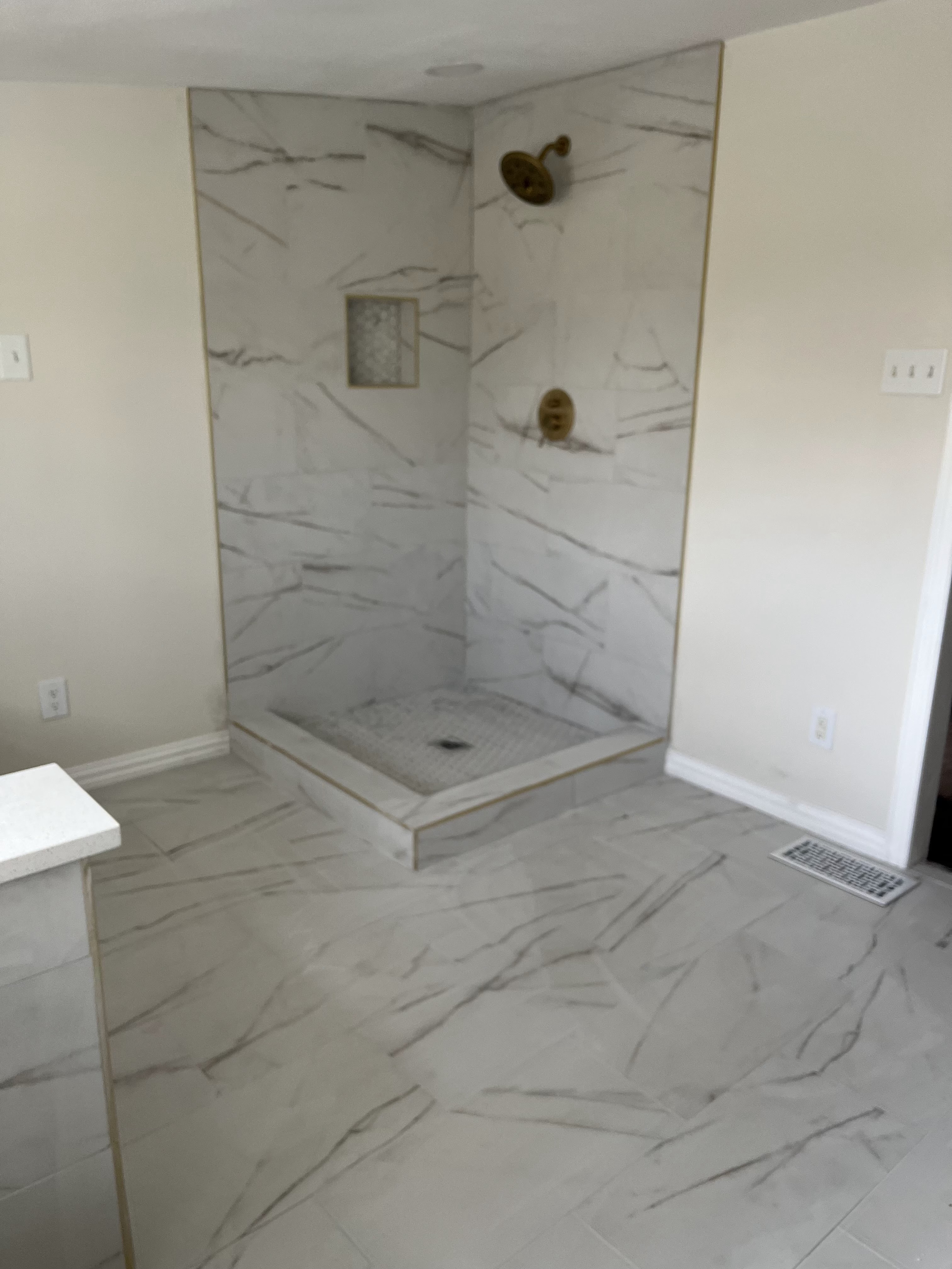 Marble walk-in shower with gold fixtures